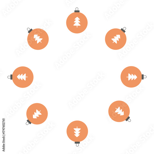 Round holiday frame with orange Christmas tree balls. Christmas, New Year. Flat vector design. Winter holidays. One illustration isolated on  white background.