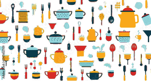 Whimsical kitchenware pattern bringing a modern, vibrant touch to your designs, perfect for culinary projects and adding a playful accent to any space
