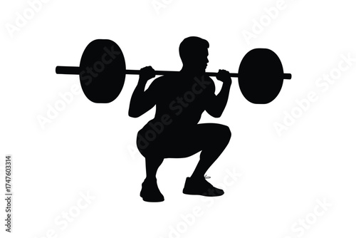 Black silhouette of person performing barbell squat male weightlifting
