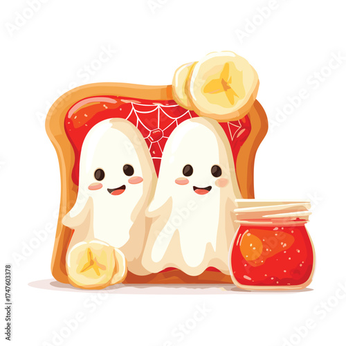 creepy cute Halloween toast with spiderweb jam and banana ghost slices vector illustration