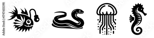 Marine Life Illustration: Anglerfish Snake Jellyfish Seahorse.