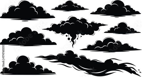 Dramatic cartoon cloudscape elements offering stormy weather vibes for designers seeking impactful black and white graphic assets for creative projects