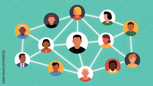 Illustration Of Group Of Diverse Profile Icons (Round Vector Heads) Interconnected By Glowing, Invisible Threads Representing Online Community Vector Design Template