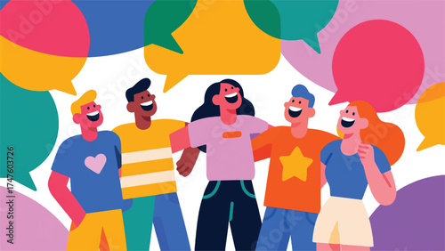 illustration of group of friends genuinely laughing together in real life, their joy is visualized as big, overlapping, colorful speech bubbles without any digital interface.eps