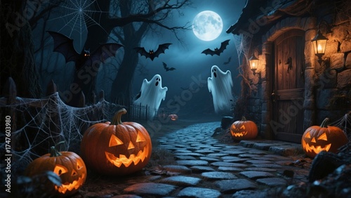 Halloween night background with pumpkins bats and spooky moon atmosphere