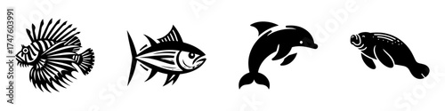 Marine life icons: Lionfish Tuna Dolphin and Manatee.