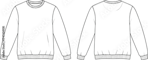 Technical flat sketch, crewneck sweatshirt front and back, long sleeve fashion design, CAD drawing, vector illustration, garment template, apparel spec