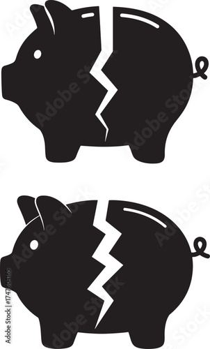 Two cracked piggy bank silhouettes representing financial ruin silhouette