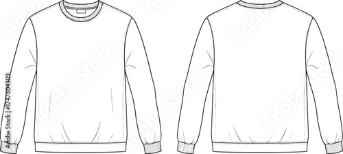 Technical flat sketch, crewneck sweatshirt front and back, long sleeve design, fashion CAD drawing, vector illustration, garment template, apparel specification