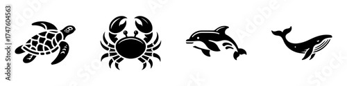Sea Creatures: Turtle Crab Dolphin and Whale Silhouettes.