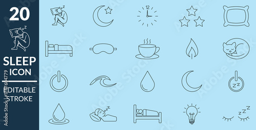relaxation and night sleep icons set. clean outline symbol collection, minimal dream and rest vector pack