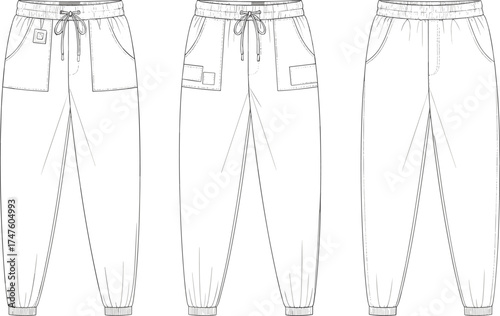Jogger pants technical sketch, CAD drawing, fashion illustration, pocket design variations, garment construction, apparel vector, elastic waistband, cuff detail