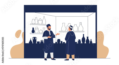 Elegant illustration of two men in traditional dress discussing pottery in a shop setting