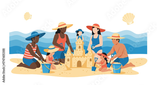 Family fun vacation beach time sandcastles together happy memories enjoyment togetherness
