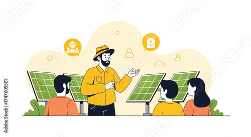 Illustration of instructor explaining solar panel technology to a group of students