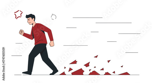 Illustration of an angry man stomping furiously with pieces flying from his steps showcasing