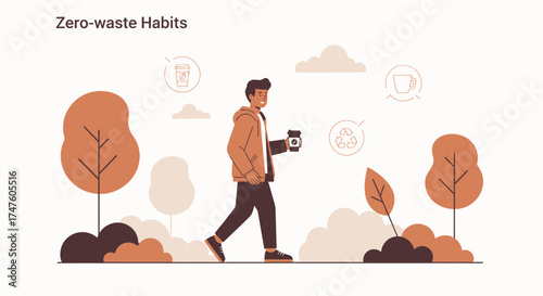 Illustration showcasing a man embracing zero-waste habits in a natural setting with reusable cup