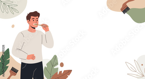 Illustration showcasing a man brushing his teeth alongside nature elements promoting oral care