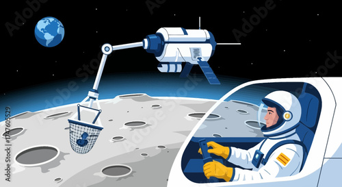 Illustrative astronaut operating robotic arm on moon, collecting social media profiles from the