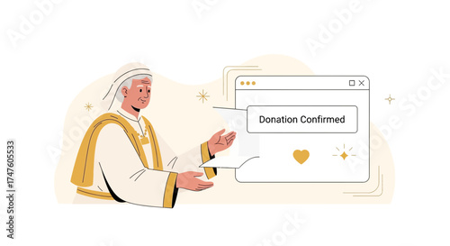 Illustration of religious leader with donation confirmation message on digital screen