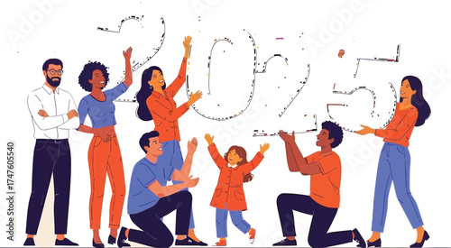 Vibrant diverse group celebrates the New Year 2025 with cheerful anticipation and festive spirit, perfect for holiday promotions and joyful campaigns