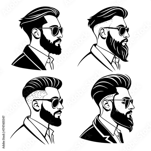 . Stylish Bearded Icons

Four clean, vector-style portraits of stylish bearded men with pompadour hairstyles and sunglasses. Depicted from the chest up against a pure white background. Each wears clas