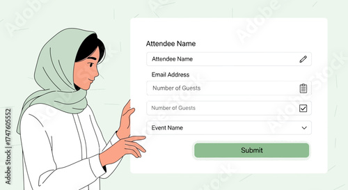 Woman filling out an online event registration form with hijab illustration for event