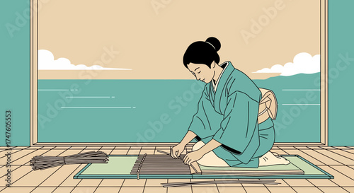Japanese woman in kimono crafting bamboo screen by the sea illustration