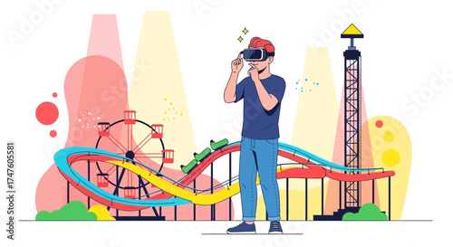 Virtual reality experience at amusement park with roller coaster and ferris wheel vector