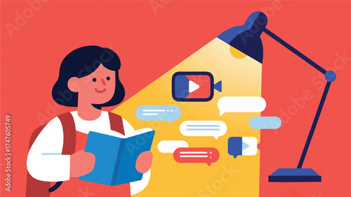 Illustration Of A Female Student Reading A Book Under A Spotlight With Chat And Camera Icons Vector Design Template