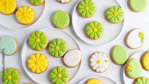 Overhead shot of decorated cookies on white plates, flowers and eggs