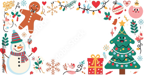 Festive Christmas cheer frame with a snowman, gingerbread man, tree, and gifts creating a delightful holiday spirit for cards and invitations
