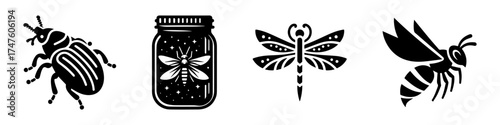 Insect Collection: Beetle Firefly Dragonfly and Bee Silhouettes.