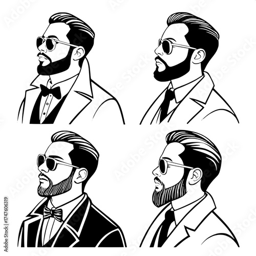 Clean Graphic Aesthetic Portraits

Four minimalist male portraits featuring similar Caucasian figures with groomed beards, styled pompadours, and dark sunglasses. Each dressed in formalwear variations