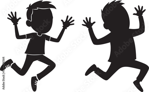 Two energetic children jumping and playing silhouette