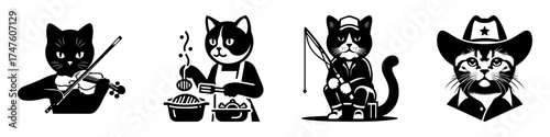 Cats in Various Professions: Musician Chef Angler and Cowboy.