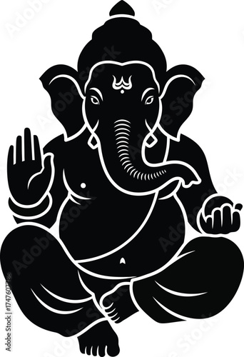 A black silhouette of Lord Ganesha, the Hindu deity, seated in a meditative pose with his trunk curved and his hand raised in a blessing gesture.