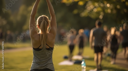 Morning Stretch in Green Park with Yoga Mat and Water Bottle