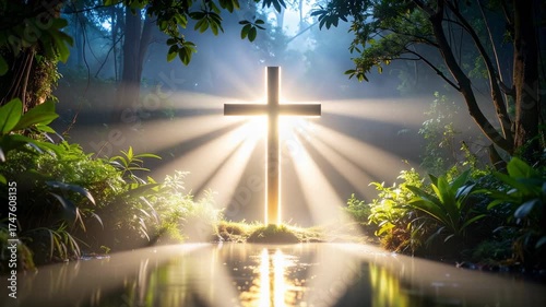 An illuminated cross in a lush forest landscape, reflecting in water