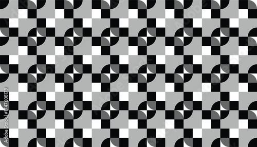 Monochrome geometric seamless pattern featuring curved quarter circles and checkered squares in black, white, and gray tones