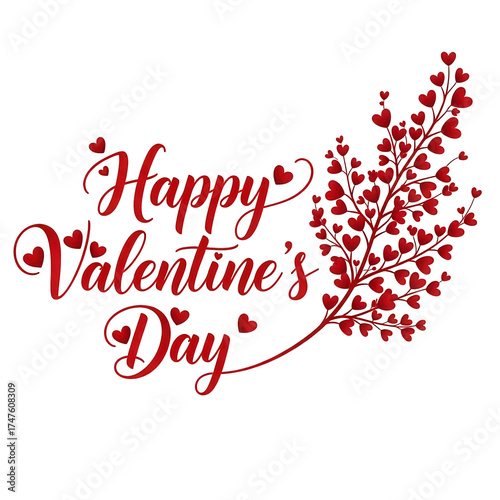 Happy valentines day text with red hearts isolated on transparent background