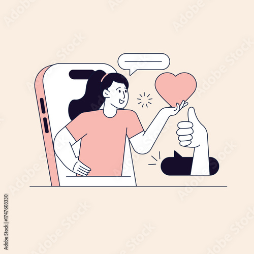 Social media illustration Smiling woman interacting with likes and comments, using a smartphone for online engagement and connection with followers