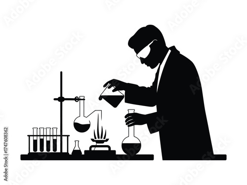 Black silhouette of scientist performing chemical experiment chemist laboratory