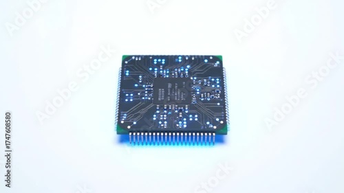 Close-up of a microchip on a white background, showcasing intricate electronic components and advanced technology.