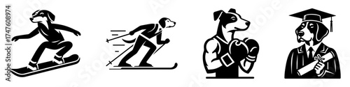 Dog Sports and Education Illustrations: Snowboarding Skiing Boxing Graduation.