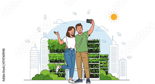 Couple taking selfie in front of green building promoting sustainable urban living and eco