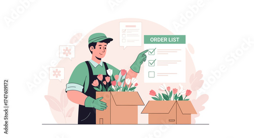 Deliveryman arranging flower orders in boxes confirming with checklist for accuracy