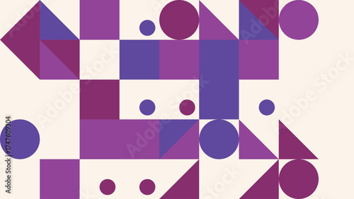 Abstract geometric design featuring circles squares and triangles in shades of purple