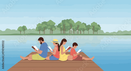 Family relaxes by the lake reading books enjoying the serene nature together by the water