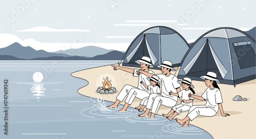 Family enjoying vacation camping on the beach by the sea with bonfire and tent near beautiful